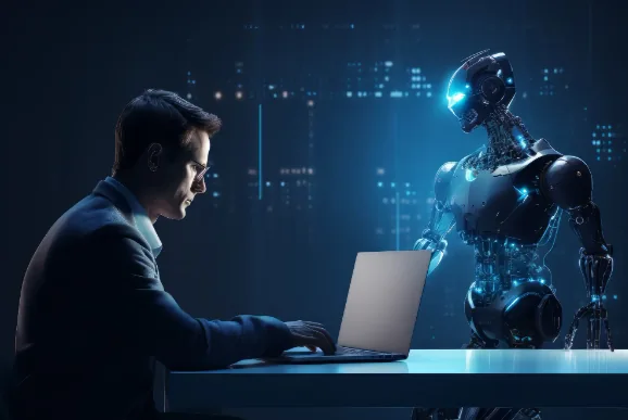 Profissional interagindo com tecnologia e inteligência artificial